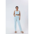 A light blue shimmer cozy pajama set with textured fabric, cropped top with square neckline, and high-waisted pants