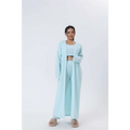 Soft light blue knit blue shimmer cozy pajama set with long open cardigan and wide-leg pants featuring square neckline