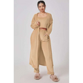 Beige knit blue shimmer cozy pajama set with square neckline featuring cardigan crop top and relaxed pants