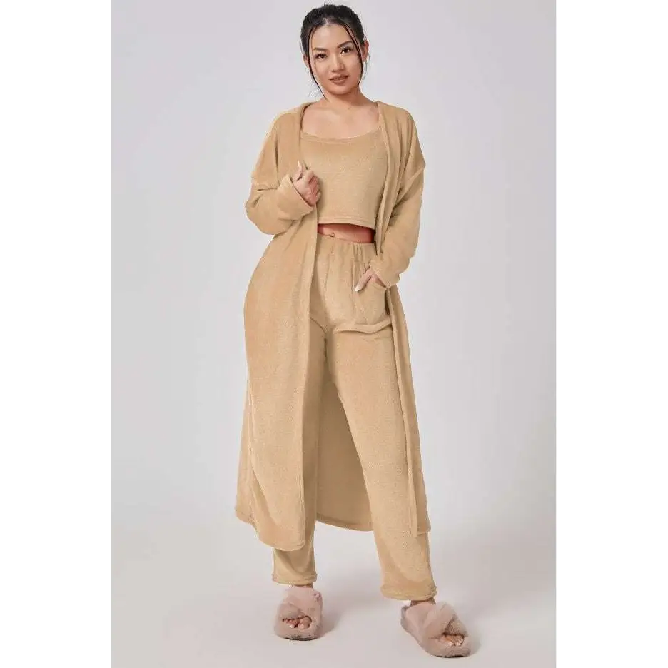 Beige knit blue shimmer cozy pajama set with square neckline featuring cardigan crop top and relaxed pants