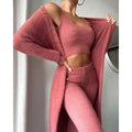 Blue shimmer cozy pajama set featuring a blush pink fuzzy knit three-piece with square neckline crop top and pants
