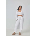 White knit crop top with square neckline blue shimmer cozy pajama set with long cardigan and wide-leg pants