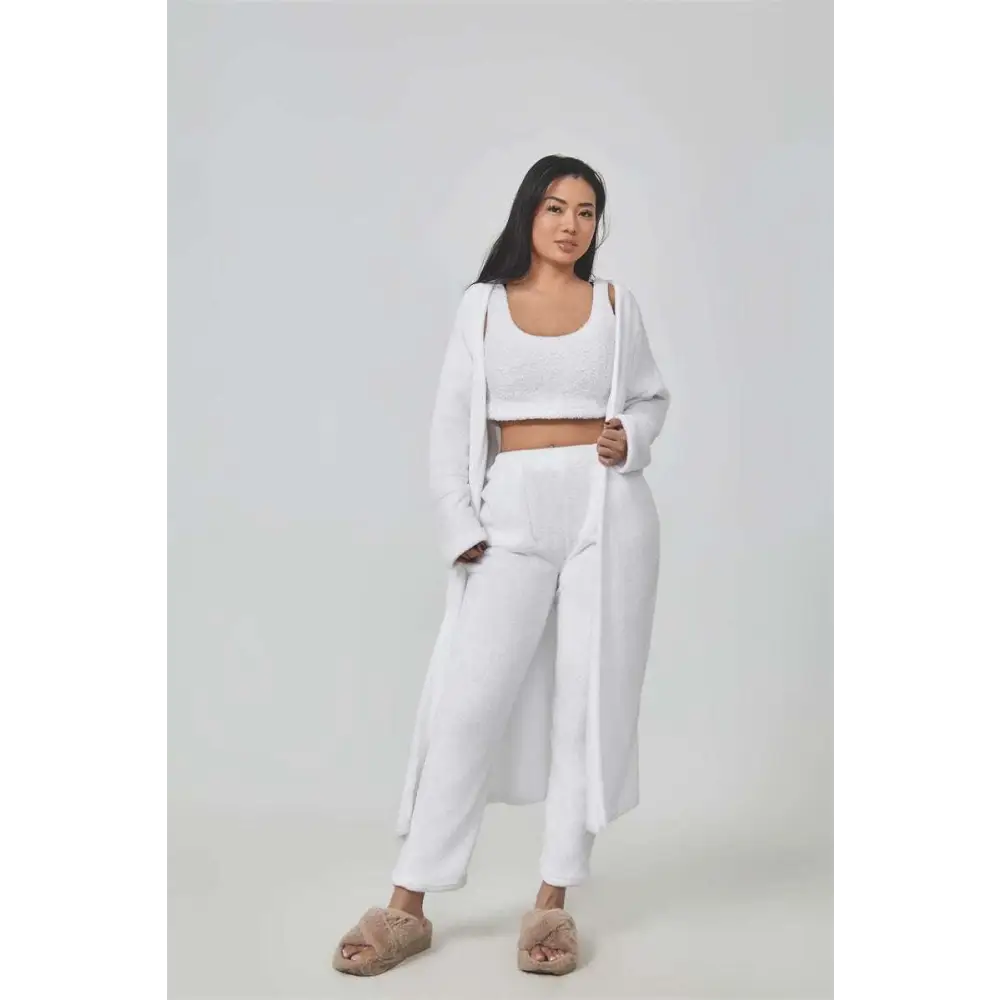 White knit crop top with square neckline blue shimmer cozy pajama set with long cardigan and wide-leg pants