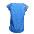 Blue sleeveless blouse with contrasting lace buttonhole and lace shoulder accents in a sleeveless blouse design
