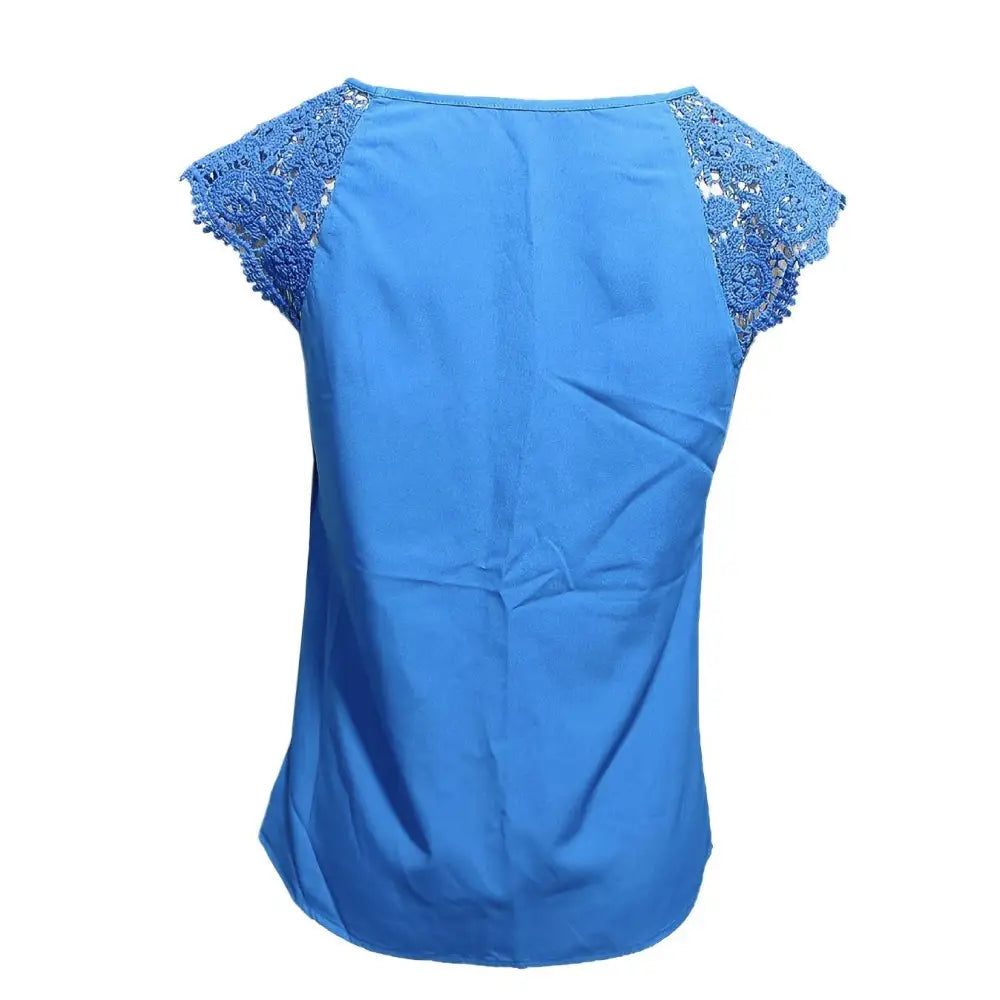 Blue sleeveless blouse with contrasting lace buttonhole and lace shoulder accents in a sleeveless blouse design