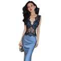 Blue sleeveless lace sheath dress with intricate black lace bodice and smooth satin skirt in soft blue hue