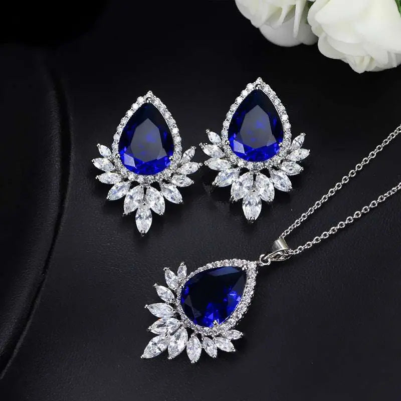 Elegant blue teardrop aaa jewelry set with sapphire-like stones and clear crystals for dinner occasions