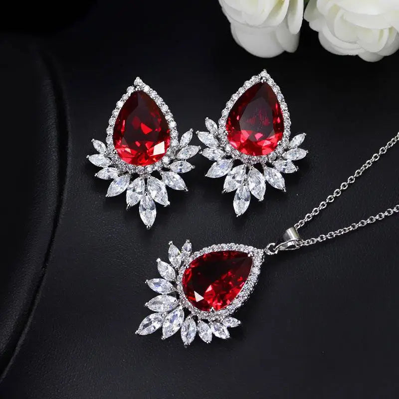 Elegant red teardrop aaa jewelry set with ruby gemstone and clear crystals in leaf design for dinner events
