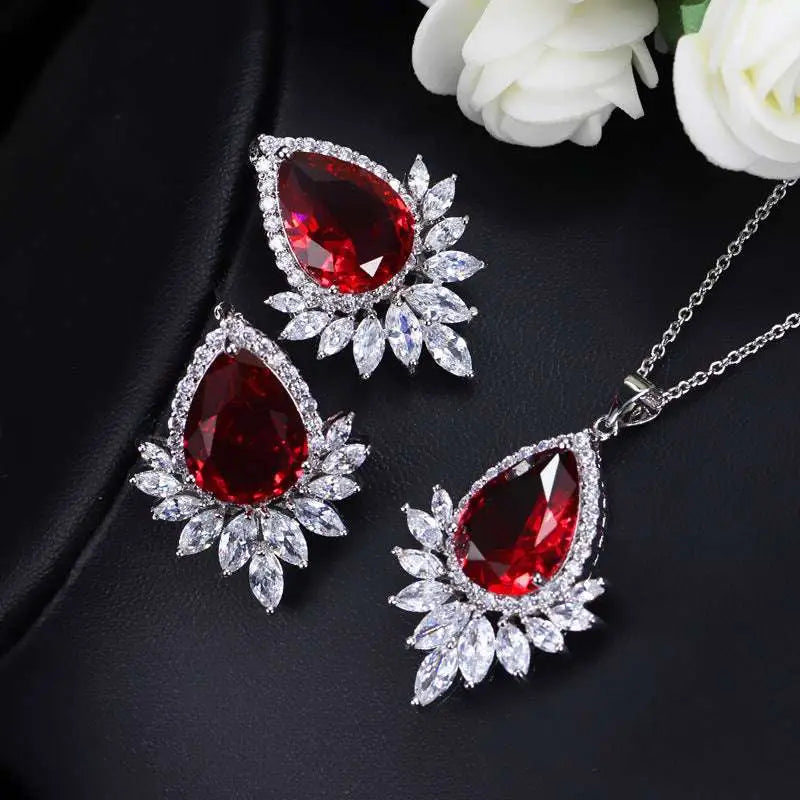 Elegant red teardrop aaa jewelry set with ruby gemstone and clear crystals in leaf design for dinner use