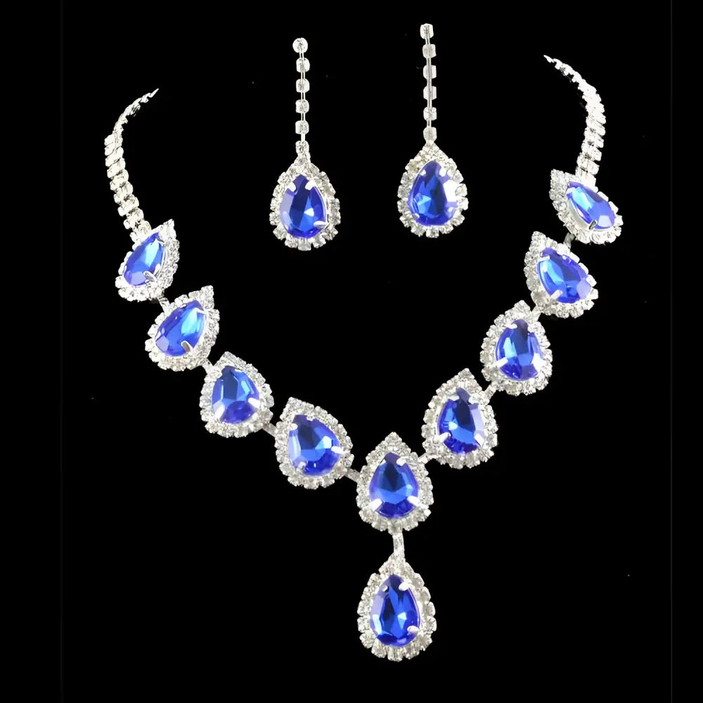 Elegant blue teardrop bridal jewelry set necklace with silver-toned metal and sparkling color rhinestone accents