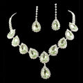 Elegant blue teardrop bridal jewelry set with green gemstones and clear color rhinestone crystals in silver metal setting