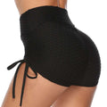 Black textured high-waisted drawstring shorts with side ties designed for a textured butt lift and comfortable fit
