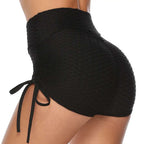 Black textured high-waisted drawstring shorts with side ties designed for a textured butt lift and comfortable fit