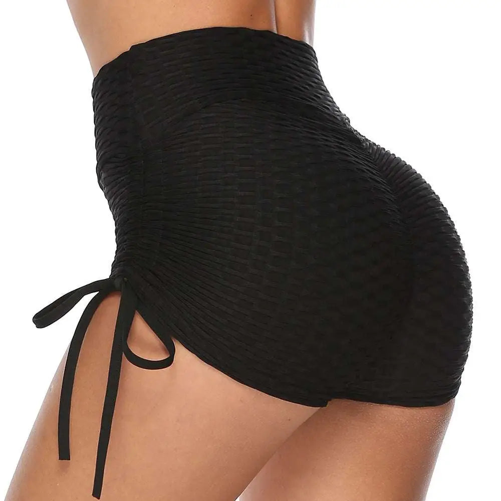 Black textured high-waisted drawstring shorts with side ties designed for a textured butt lift and comfortable fit