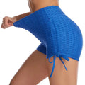 Blue textured butt lift high-waisted drawstring shorts with ribbed pattern and side ties for workout use