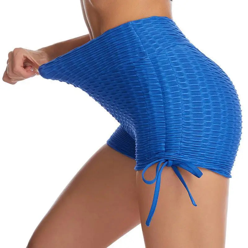 Blue textured butt lift high-waisted drawstring shorts with ribbed pattern and side ties for workout use