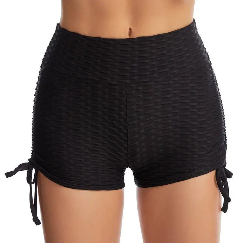 Black textured high-waisted drawstring shorts with side ties designed as lift drawstring shorts for butt lift effect