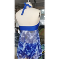 Blue tie dye halter bikini swimsuit for women featuring a tie dye halter top with a solid blue waist band