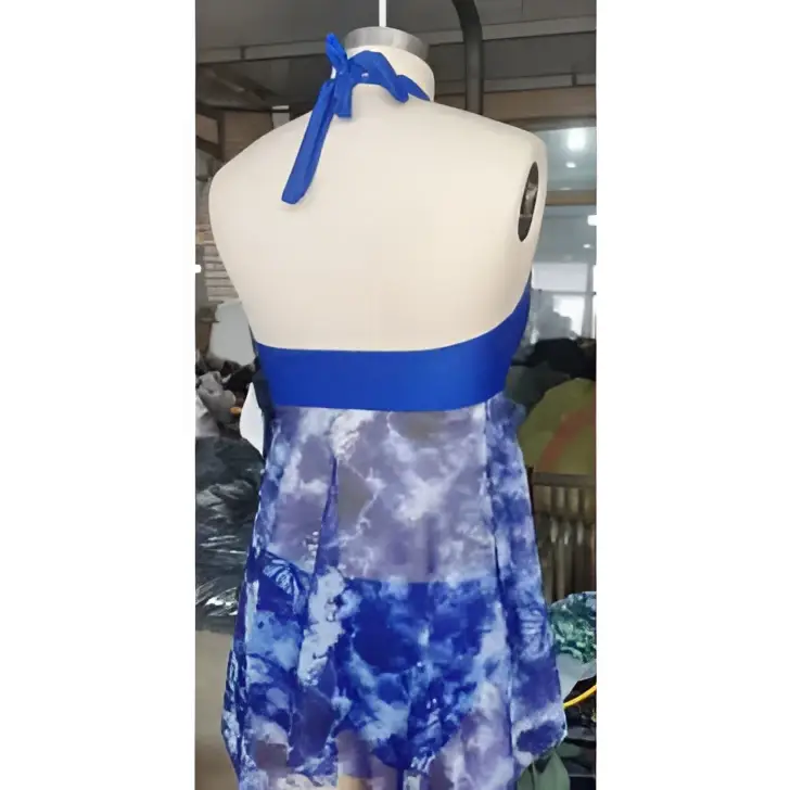 Blue tie dye halter bikini swimsuit for women featuring a tie dye halter top with a solid blue waist band