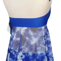 Blue tie dye halter bikini swimsuit for women featuring a blue butterfly-patterned dress with solid blue waistband