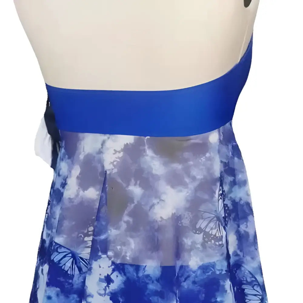 Blue tie dye halter bikini swimsuit for women featuring a blue butterfly-patterned dress with solid blue waistband