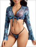 Blue tie dye long sleeve mesh crop set with black trim featuring sleeve mesh crop top and matching bottoms