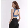 Blue women’s halter yoga vest with seamless construction and racerback design for halter yoga practice and active use