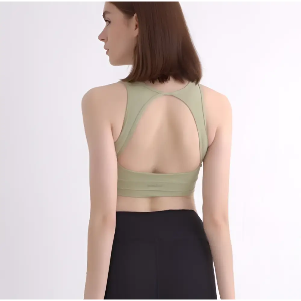 Olive green racerback sports bra with cutout back design for women’s halter yoga practice and halter yoga vest use