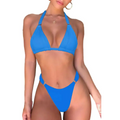 Bright blue womens triangle bikini set with adjustable straps high-cut bottoms and gold ring accents