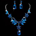 Elegant blue zircon trade explosion bride jewelry set with silver-toned chain and floral design featuring faceted stones