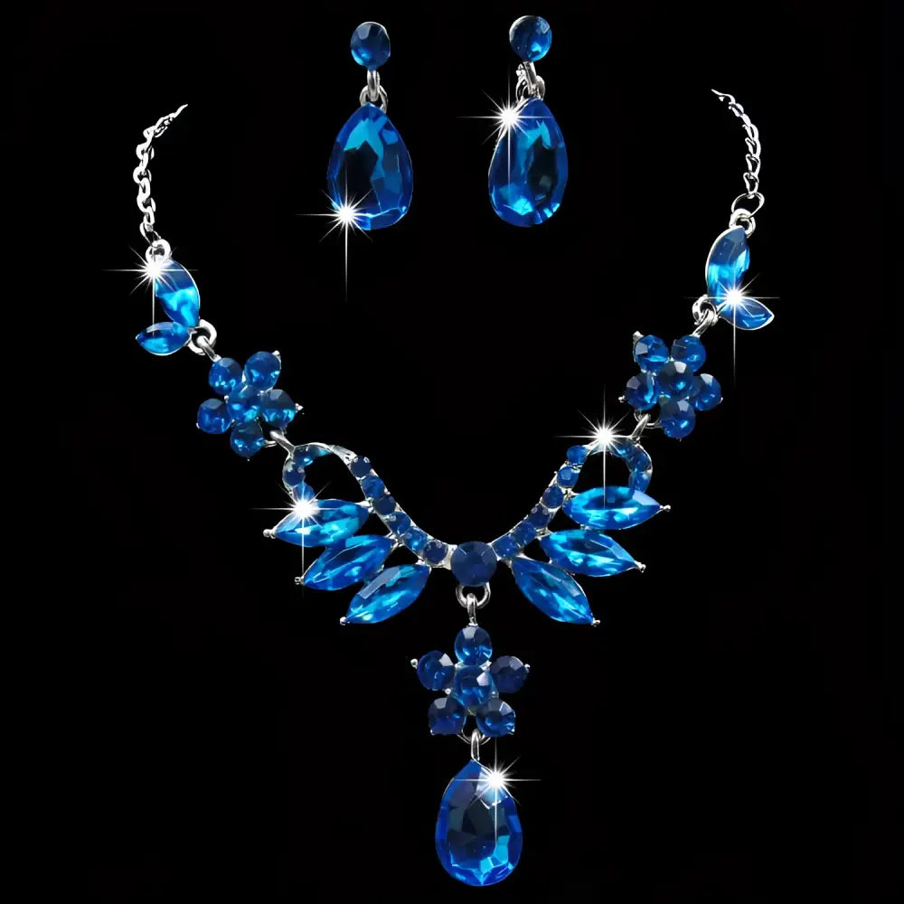 Elegant blue zircon trade explosion bride jewelry set with silver-toned chain and floral design featuring faceted stones