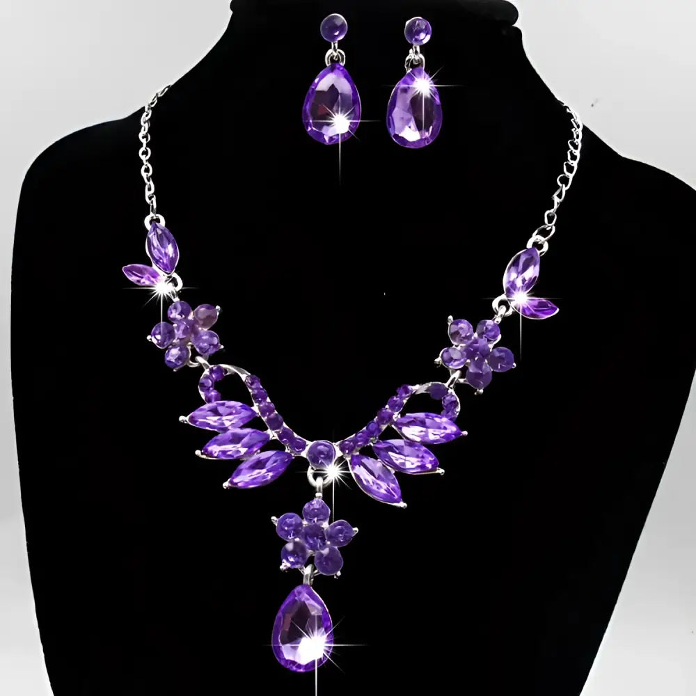 Blue zircon trade explosion bride jewelry set featuring purple amethyst crystal floral necklace and silver-toned earrings