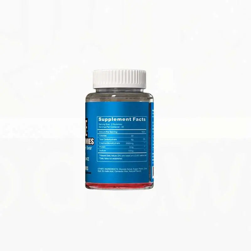 A blue-labeled bottle of premium creatine monohydrate gummies in blueberry flavor with a white cap and transparent body