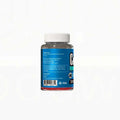 A clear plastic bottle with a white cap and blue label containing red premium creatine monohydrate gummies blueberry creatine monohydrate