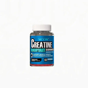 A blue-labeled bottle of premium creatine monohydrate gummies in blueberry flavor with a white cap and transparent body