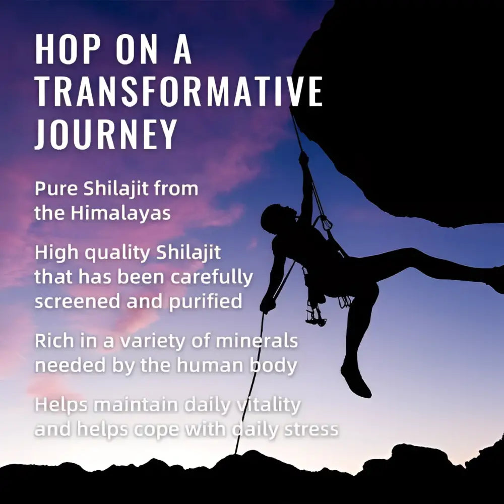 Silhouette of climber against twilight sky illustrating strength and endurance with blueberry himalayan shilajit gummies