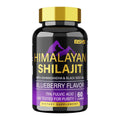 Black bottle with gold cap and purple label containing blueberry himalayan shilajit dietary supplement gummies 60 count