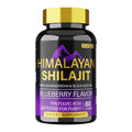 Black bottle with gold cap and purple label featuring blueberry himalayan shilajit gummies 60 count for daily use
