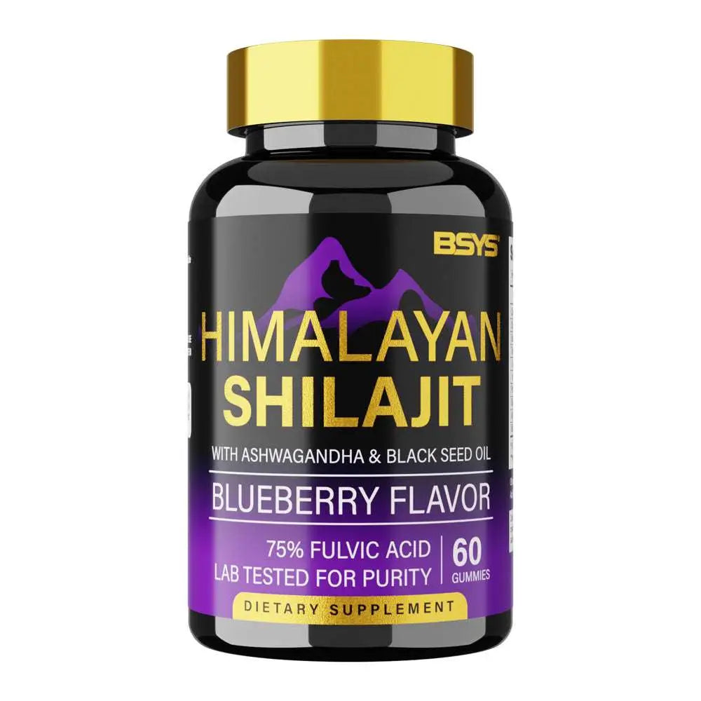 Black bottle with gold cap and purple label featuring blueberry himalayan shilajit gummies 60 count for daily use