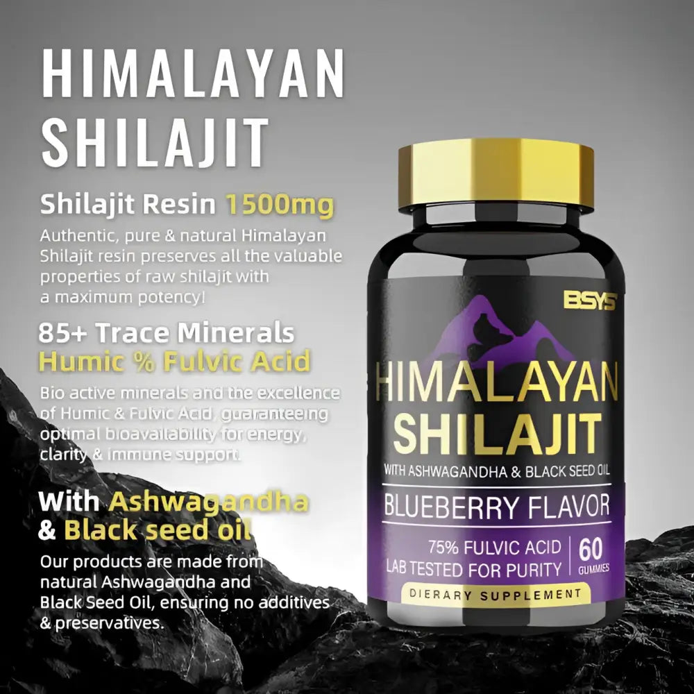 Black bottle with gold cap and purple label containing blueberry himalayan shilajit dietary supplement gummies 60 count