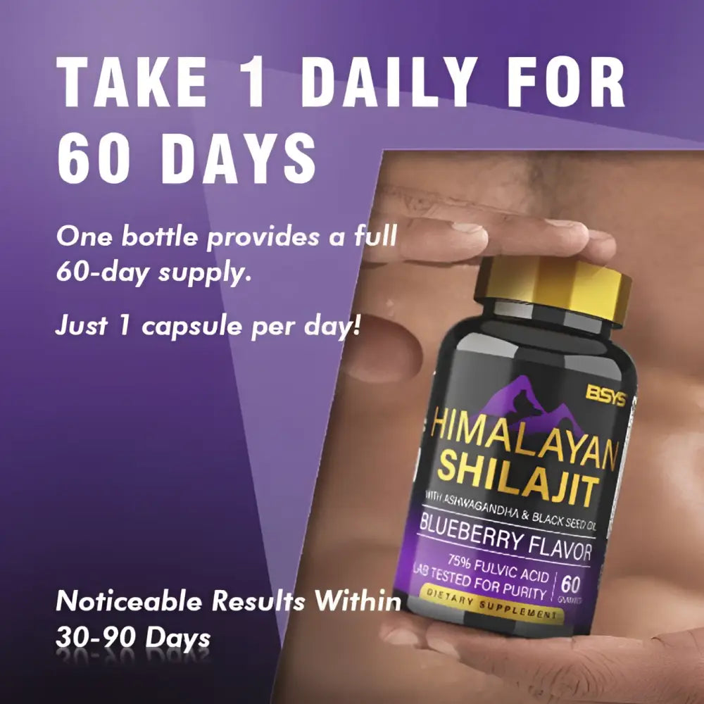 Black bottle with gold cap and purple label of blueberry himalayan shilajit gummies 60 count featuring himalayan shilajit branding