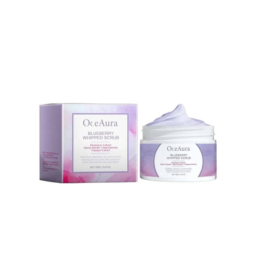 Oceaura blueberry whipped scrub in a white jar with purple gradient label and matching box exfoliating body brightener