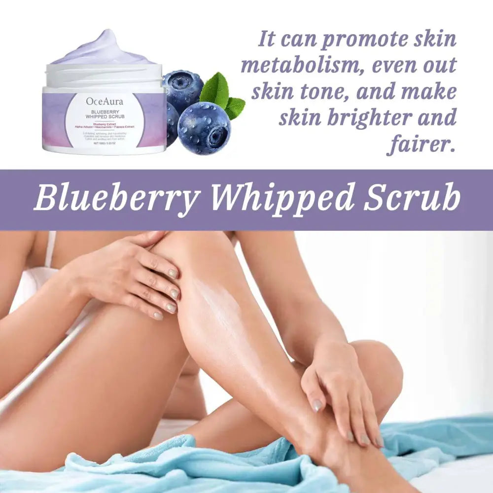 A lavender and white labeled jar of oceaura blueberry whipped scrub with creamy purple exfoliating body brightener inside