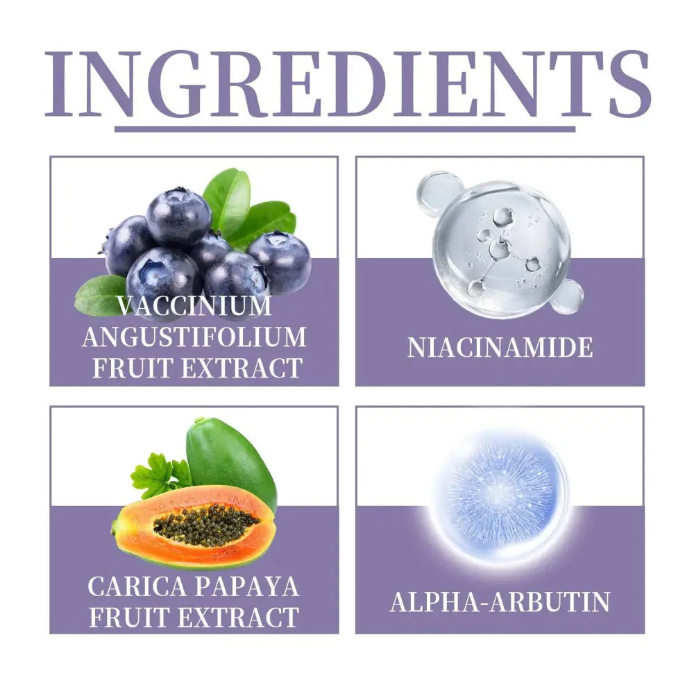 Image of the back side of oceaura blueberry whipped scrub exfoliating body brightener label showing key ingredients including vaccinium angustifolium fruit extract niacinamide and carica papaya fruit extract