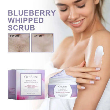Oceaura blueberry whipped scrub in a white jar with purple labeling and light blue exfoliating body brightener inside