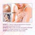 White blueberry whipped scrub being applied as an exfoliating body brightener in a step-by-step skincare routine