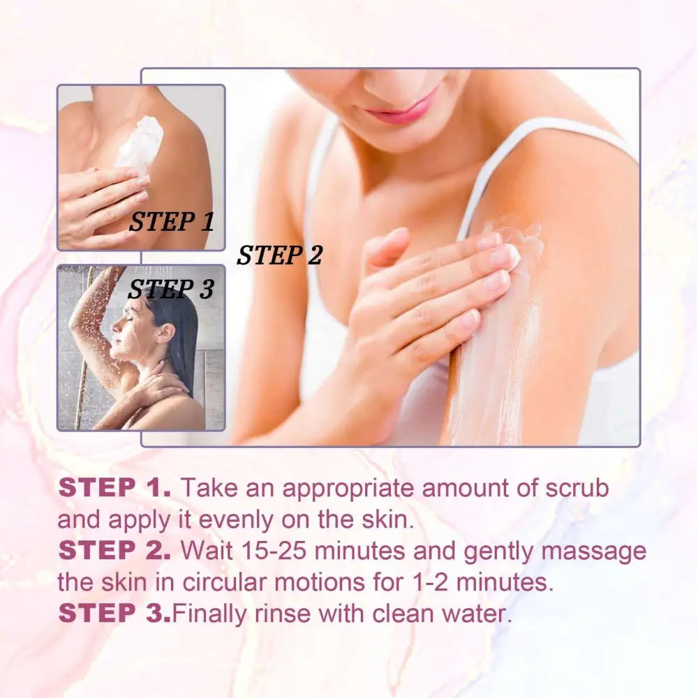 White blueberry whipped scrub being applied as an exfoliating body brightener in a step-by-step skincare routine