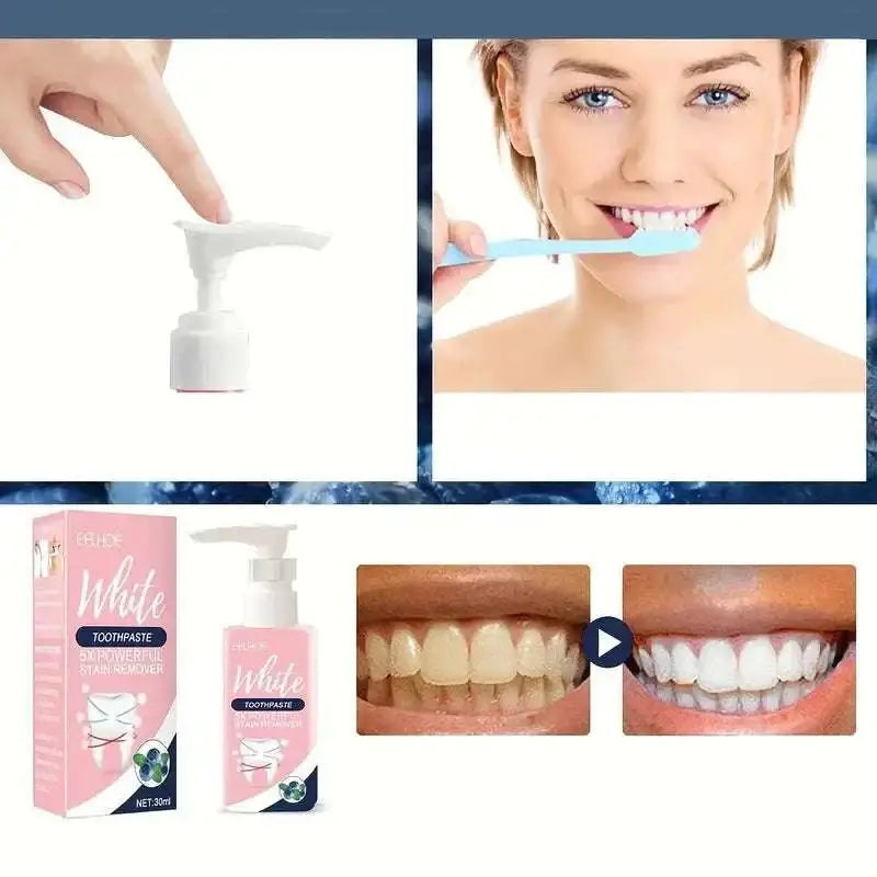 Pink pump bottle of blueberry whitening stain removing toothpaste with white dispenser cap for effective stain removal