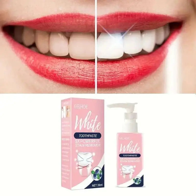 Pink and white blueberry whitening stain removing toothpaste pump with matching box and 5x powerful stain remover text