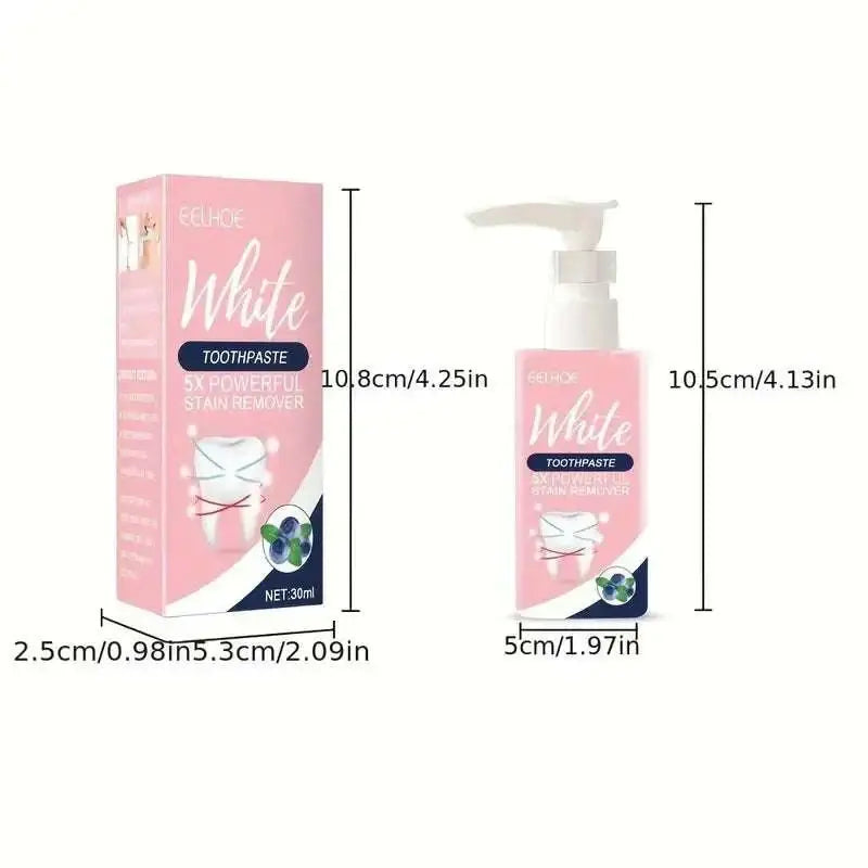 Pink echoe white blueberry stain removing toothpaste in a 30ml removing toothpaste pump bottle with blueberry imagery